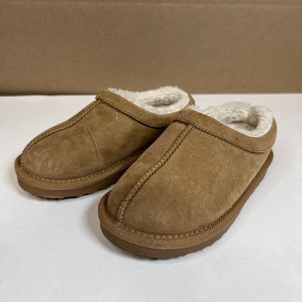 Kids Faux Suede Fur Lined Slippers Tan Brown Size 10 Boho Y2K